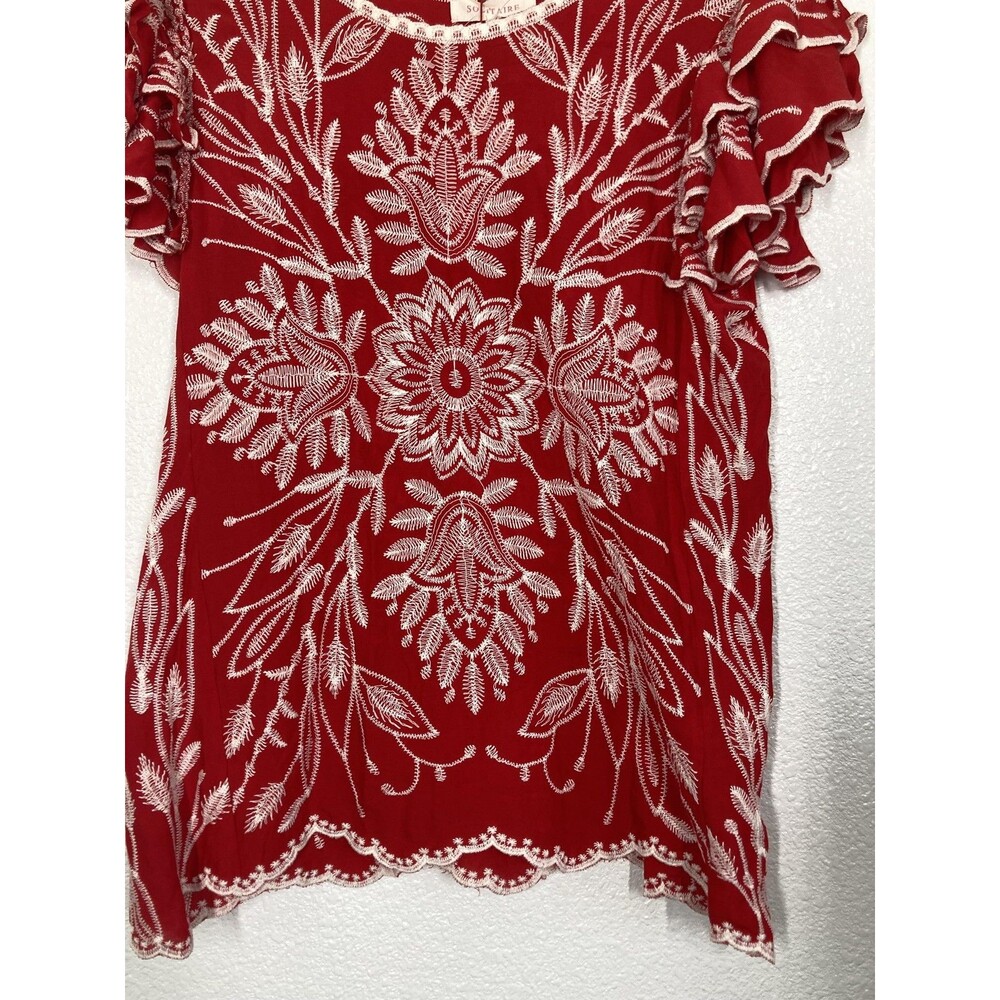 Solitaire Blouse Womens Medium Red Floral Embroidered Ruffle Flutter Top Boho - Picture 11 of 16